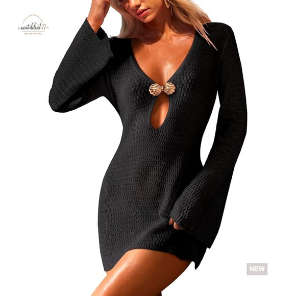 Crochet Knit Beach Cover Up Dress with Hollow Out Design and Bell Sleeves